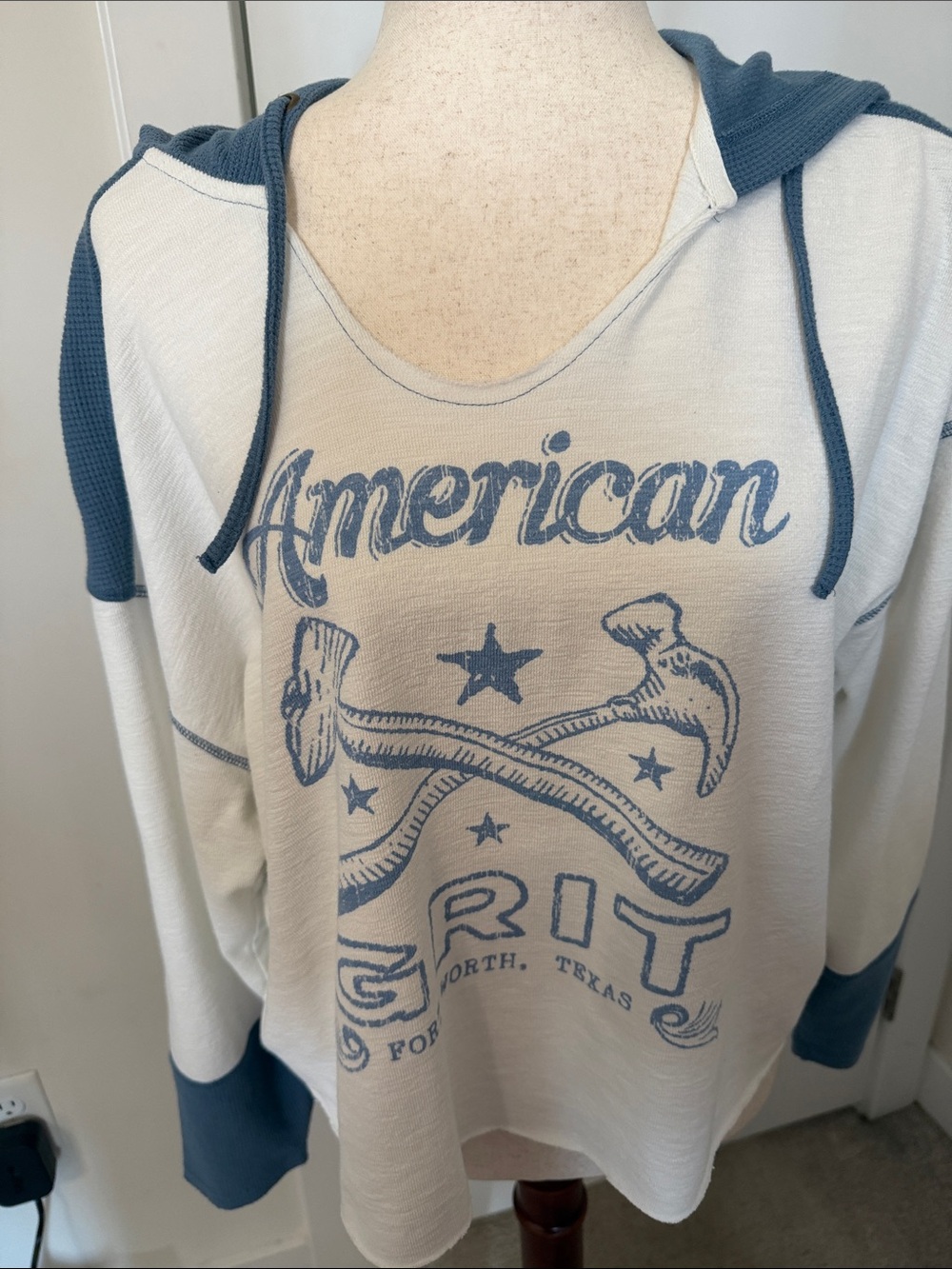 Hooded Pullover Sweater - Cream with Blue Graphic